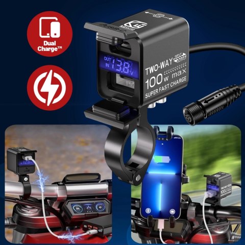 Ładowarka Motocyklowa Kewig, Uniwersalna Aluminiowa 100W, Dwukierunkowa z Woltomierzem, Szybkie Ładowanie USB-A i USB-C, Intelig