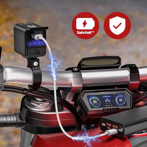 Ładowarka Motocyklowa Kewig, Uniwersalna Aluminiowa 100W, Dwukierunkowa z Woltomierzem, Szybkie Ładowanie USB-A i USB-C, Intelig
