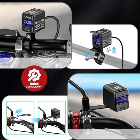 Ładowarka Motocyklowa Kewig, Uniwersalna Aluminiowa 100W, Dwukierunkowa z Woltomierzem, Szybkie Ładowanie USB-A i USB-C, Intelig