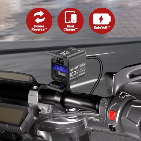 Ładowarka Motocyklowa Kewig, Uniwersalna Aluminiowa 100W, Dwukierunkowa z Woltomierzem, Szybkie Ładowanie USB-A i USB-C, Intelig