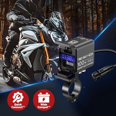 Ładowarka Motocyklowa Kewig, Uniwersalna Aluminiowa 100W, Dwukierunkowa z Woltomierzem, Szybkie Ładowanie USB-A i USB-C, Intelig