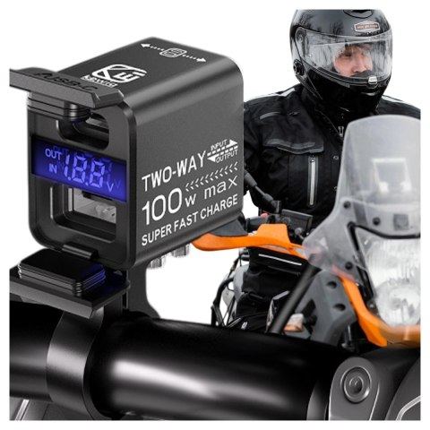 Ładowarka Motocyklowa Kewig, Uniwersalna Aluminiowa 100W, Dwukierunkowa z Woltomierzem, Szybkie Ładowanie USB-A i USB-C, Intelig