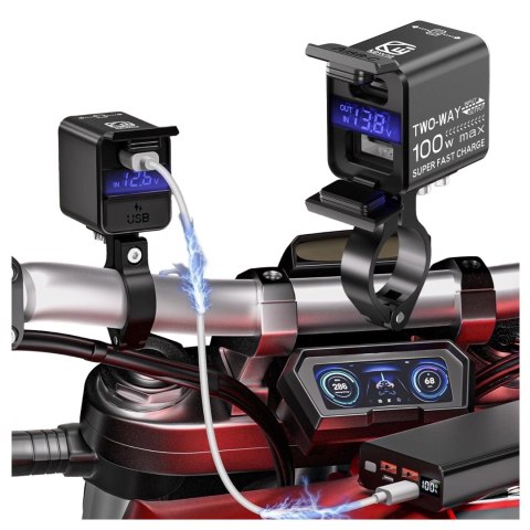 Ładowarka Motocyklowa Kewig, Uniwersalna Aluminiowa 100W, Dwukierunkowa z Woltomierzem, Szybkie Ładowanie USB-A i USB-C, Intelig