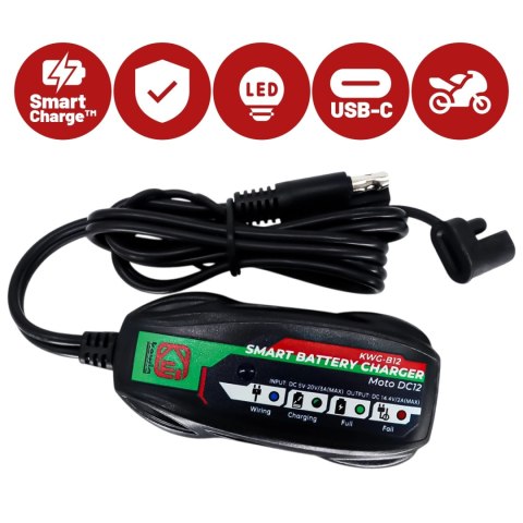Ładowarka do Akumulatorów Motocyklowych Kewig B12 - Prostownik Mini z Podłączeniem do Akumulatora, USB-C z Gniazdka lub Powerban