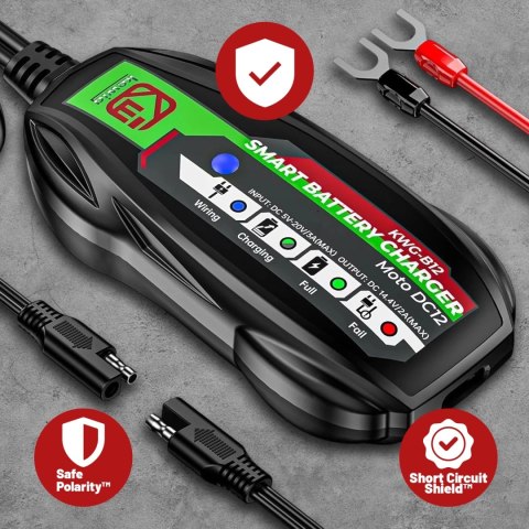 Ładowarka do Akumulatorów Motocyklowych Kewig B12 - Prostownik Mini z Podłączeniem do Akumulatora, USB-C z Gniazdka lub Powerban