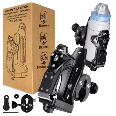 Uchwyt Motocyklowy / Rowerowy na Bidon, Butelkę lub Kubek z Blokadą Antykradzieżową, Regulowany 50-90 mm, Na Hulajnogę, Kierowni