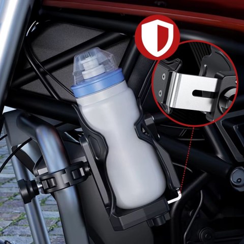 Uchwyt Motocyklowy / Rowerowy na Bidon, Butelkę lub Kubek z Blokadą Antykradzieżową, Regulowany 50-90 mm, Na Hulajnogę, Kierowni