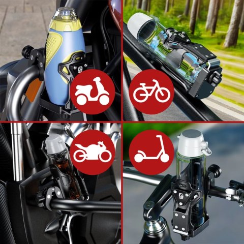 Uchwyt Motocyklowy / Rowerowy na Bidon, Butelkę lub Kubek z Blokadą Antykradzieżową, Regulowany 50-90 mm, Na Hulajnogę, Kierowni