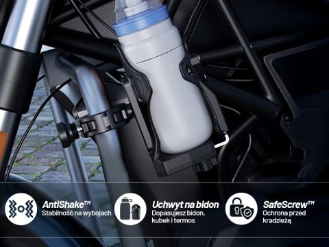 Uchwyt Motocyklowy / Rowerowy na Bidon, Butelkę lub Kubek z Blokadą Antykradzieżową, Regulowany 50-90 mm, Na Hulajnogę, Kierowni