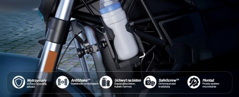 Uchwyt Motocyklowy / Rowerowy na Bidon, Butelkę lub Kubek z Blokadą Antykradzieżową, Regulowany 50-90 mm, Na Hulajnogę, Kierowni
