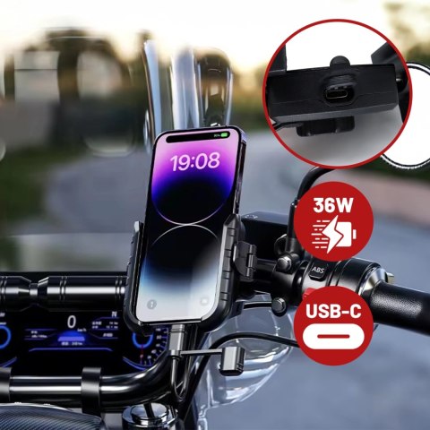 Uchwyt Motocyklowy na Telefon z Szybkim Ładowaniem 36W USB-C PD Kewig do Kierownicy i Lusterka, Rotacja 360°, Kompatybilny z Tel
