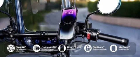 Uchwyt Motocyklowy na Telefon z Szybkim Ładowaniem 36W USB-C PD Kewig do Kierownicy i Lusterka, Rotacja 360°, Kompatybilny z Tel