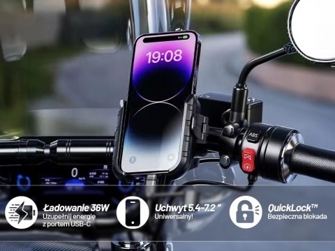 Uchwyt Motocyklowy na Telefon z Szybkim Ładowaniem 36W USB-C PD Kewig do Kierownicy i Lusterka, Rotacja 360°, Kompatybilny z Tel