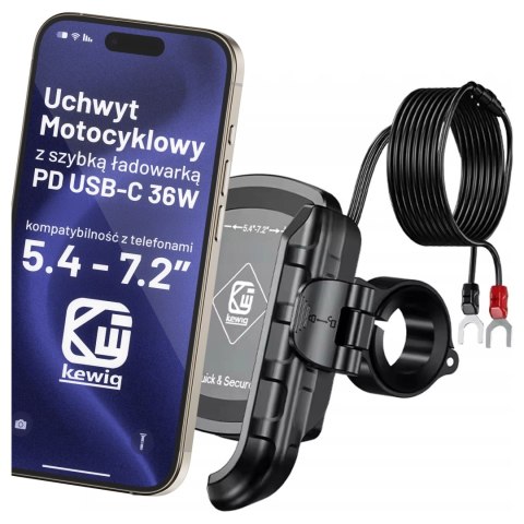 Uchwyt Motocyklowy na Telefon z Szybkim Ładowaniem 36W USB-C PD Kewig do Kierownicy i Lusterka, Rotacja 360°, Kompatybilny z Tel