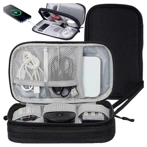 Etui Podróżne na Akcesoria, Organizer na Kable, Ładowarki, Telefon i Powerbank, Wielofunkcyjne i Kompaktowe 21 x 12,5 x 5 cm, Al