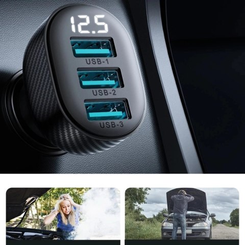 Ładowarka samochodowa Joyroom JR-CCD03 3× USB-A 17 W z wyświetlaczem - czarna