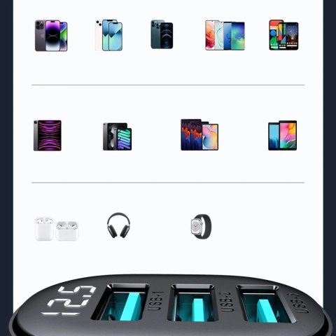 Ładowarka samochodowa Joyroom JR-CCD03 3× USB-A 17 W z wyświetlaczem - czarna