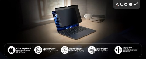 Magnetyczna folia prywatyzująca do MacBook Air 13" 2018-2021 - ochrona prywatności, łatwy montaż, pokrowiec do przechowywania, r