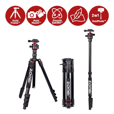Statyw Profesjonalny 2w1 - Tripod i Monopod do Aparatu i Kamery, Składany z Regulowaną Wysokością i Głowicą Kulową 360°, Stabiln