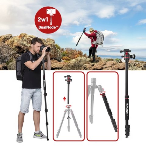 Statyw Profesjonalny 2w1 - Tripod i Monopod do Aparatu i Kamery, Składany z Regulowaną Wysokością i Głowicą Kulową 360°, Stabiln