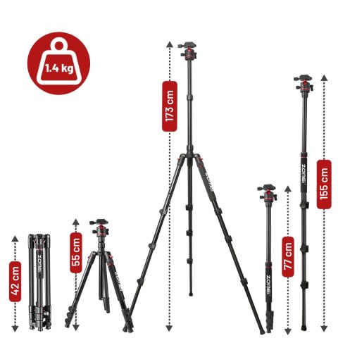 Statyw Profesjonalny 2w1 - Tripod i Monopod do Aparatu i Kamery, Składany z Regulowaną Wysokością i Głowicą Kulową 360°, Stabiln