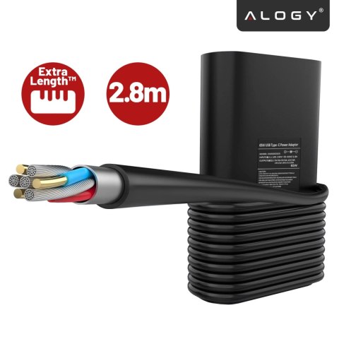 Zasilacz USB-C 65W PD do Laptopów HP Lenovo Asus Apple, Szybkie Ładowanie 20V 3.25A, Długi Kabel 2.8m, Kompaktowy i Wydajny, Alo