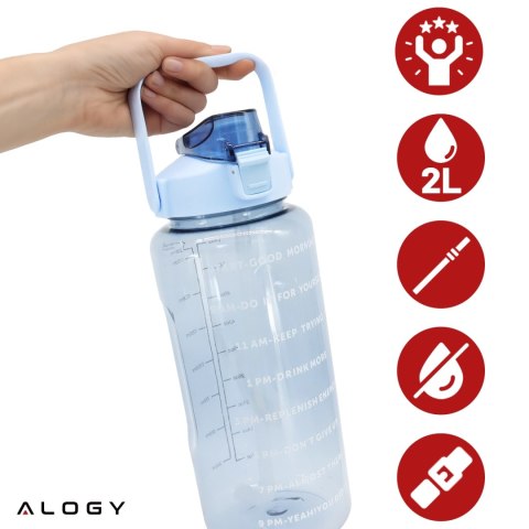 Butelka Duża na Napoje 2L z Miarką i Motywacyjnym Oznaczeniem, Wygodna do Picia z Uchwytem i Pokrywką, Wielokrotnego Użytku, Alo