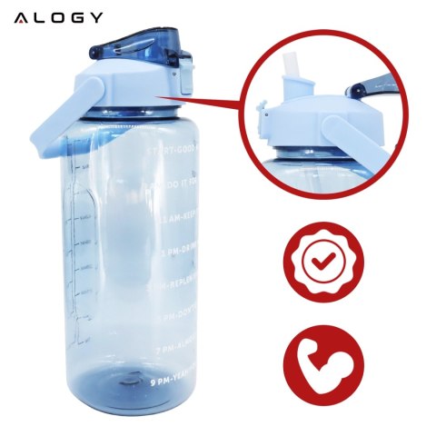 Butelka Duża na Napoje 2L z Miarką i Motywacyjnym Oznaczeniem, Wygodna do Picia z Uchwytem i Pokrywką, Wielokrotnego Użytku, Alo