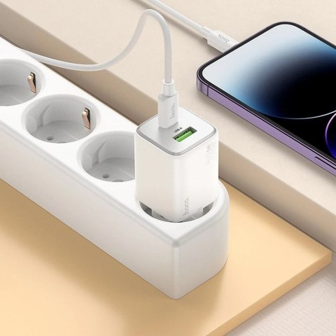 Ładowarka Hoco N41 GaN 20W USB-C + USB-A + Kabel USB-C Lightning Biała