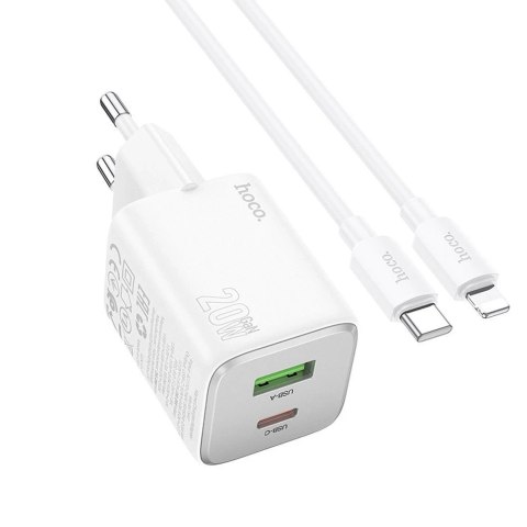 Ładowarka Hoco N41 GaN 20W USB-C + USB-A + Kabel USB-C Lightning Biała