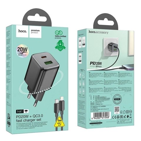 Ładowarka Hoco N41 GaN 20W USB-C + USB-A + Kabel USB-C Lightning