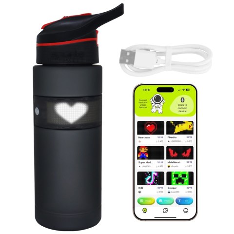 Butelka Bidon na Napoje LED, Inteligentna z Wyświetlaczem i Łącznością Bluetooth, Słomka, Motywacyjna, Wielokrotnego Użytku, Alo