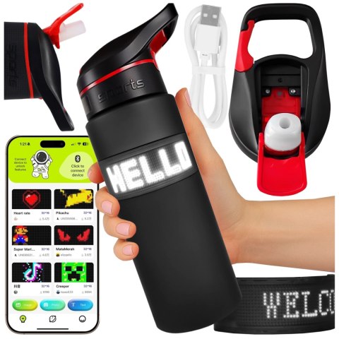 Butelka Bidon na Napoje LED, Inteligentna z Wyświetlaczem i Łącznością Bluetooth, Słomka, Motywacyjna, Wielokrotnego Użytku, Alo