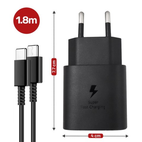 Ładowarka Sieciowa Oryginalna Samsung USB-C 25W + Kabel USB-C 1.8 m, Super Fast Charge, Szybkie Ładowanie, Zestaw Premium - Czar