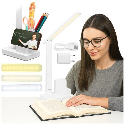 Lampka biurkowa nocna LED - akumulator 2400 mAh, organizer na długopisy i telefon, regulowane światło, idealna na biurko i do na