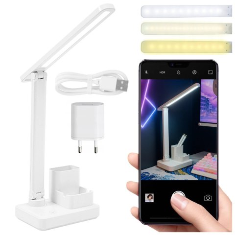 Lampka biurkowa nocna LED - akumulator 2400 mAh, organizer na długopisy i telefon, regulowane światło, idealna na biurko i do na