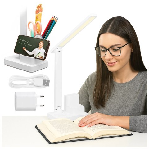Lampka biurkowa nocna LED - akumulator 2400 mAh, organizer na długopisy i telefon, regulowane światło, idealna na biurko i do na