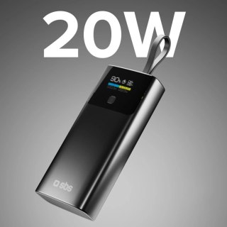 Powerbank SBS 10000mAh 20W PD LCD + kabel USB-C Szary