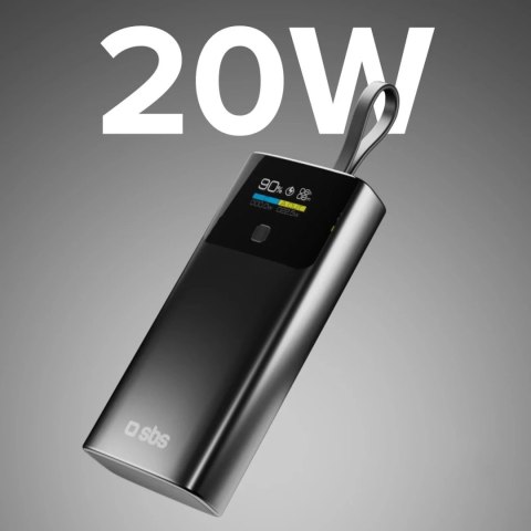 Powerbank SBS 10000mAh 20W PD LCD + kabel USB-C Szary