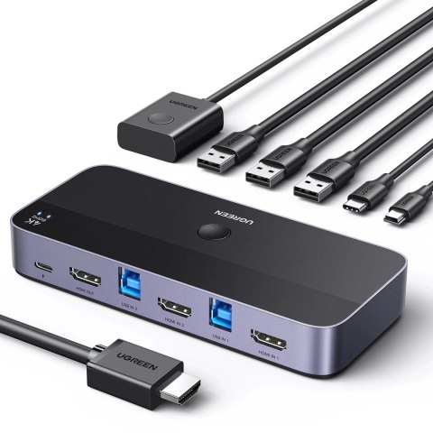Przełącznik KVM Ugreen CM664 HDMI 4K 60Hz USB-C Pilot 2w1 5Gb/s Czarny