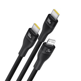 Kabel 3w1 Baseus 100W USB-C/USB-C/Lightning 1,5m LED Czarny