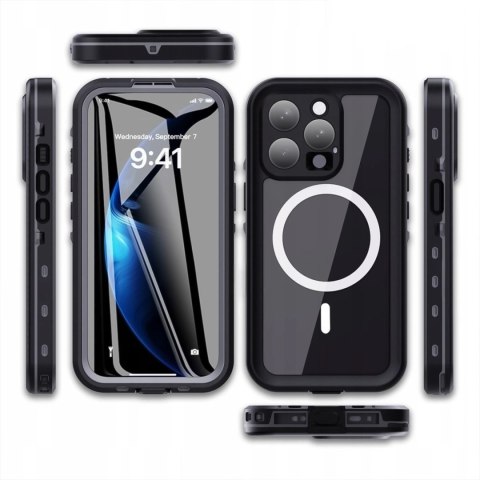 Etui Wodoodporne do Apple iPhone 15 Pro, Pancerna Obudowa 360° z Przezroczystym Tyłem, Kompatybilna z MagSafe, HydroArmor™ IP68 