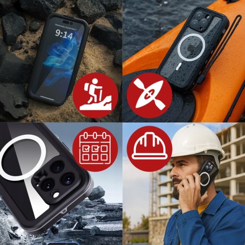 Etui Wodoodporne do Apple iPhone 15 Pro, Pancerna Obudowa 360° z Przezroczystym Tyłem, Kompatybilna z MagSafe, HydroArmor™ IP68 