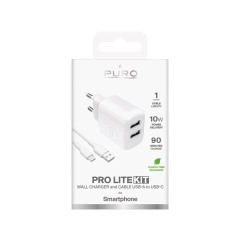 Ładowarka Puro PROLITE 10W 2x USB-A + kabel USB-A-USB-C 1,2 m - biała