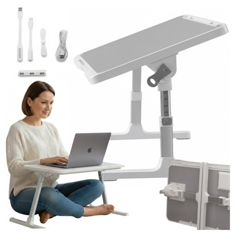 Stolik składany regulowany 60×35 cm - biurko na laptopa z szufladą i portem USB, składane nogi, stabilna konstrukcja do pracy i 