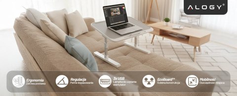 Stolik składany regulowany 60×35 cm - biurko na laptopa z szufladą i portem USB, składane nogi, stabilna konstrukcja do pracy i 