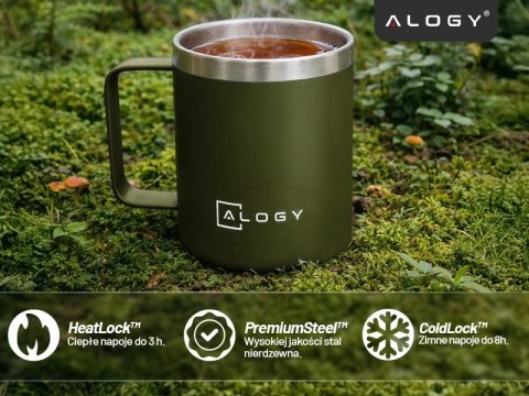 Kubek termiczny 420ml z uchwytem pokrywką na kawę herbatę stalowy zimne i ciepłe napoje Alogy Zielony
