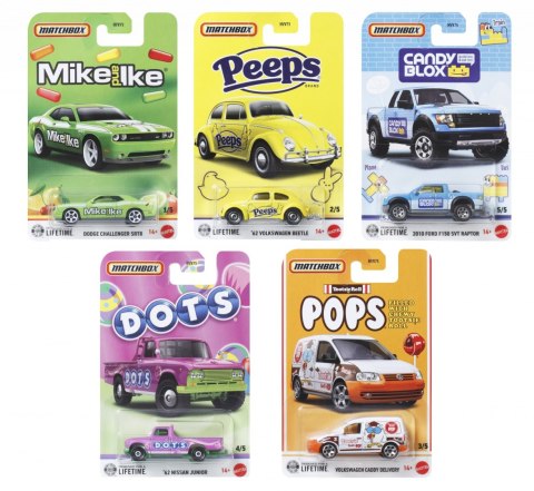 Matchbox Candy Samochodzik licencja; asortyment metalowych pojazdów w skali 1:64 z dekoracjami nawiązującymi do popularnych mare