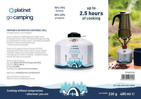 PLATINET BUTANE & PROPANE GAS CARTRIDGE CANISTER KARTUSZ NABÓJ 230g 485ml 2,5h [46165]