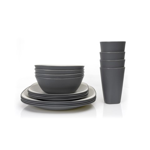 PLATINET CAMPING TABLEWARE SET 16 PCS ZESTAW NACZYŃ 16 ELEMENTÓW DLA 4 OSÓB TALERZ OBIADOWY/MISKA/TALERZYK DESEROWY/KUBEK GREY